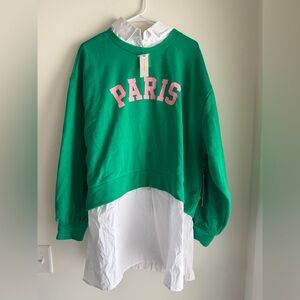 Anthropologie Green 'PARIS' Pullover Sweater with Pink Lettering